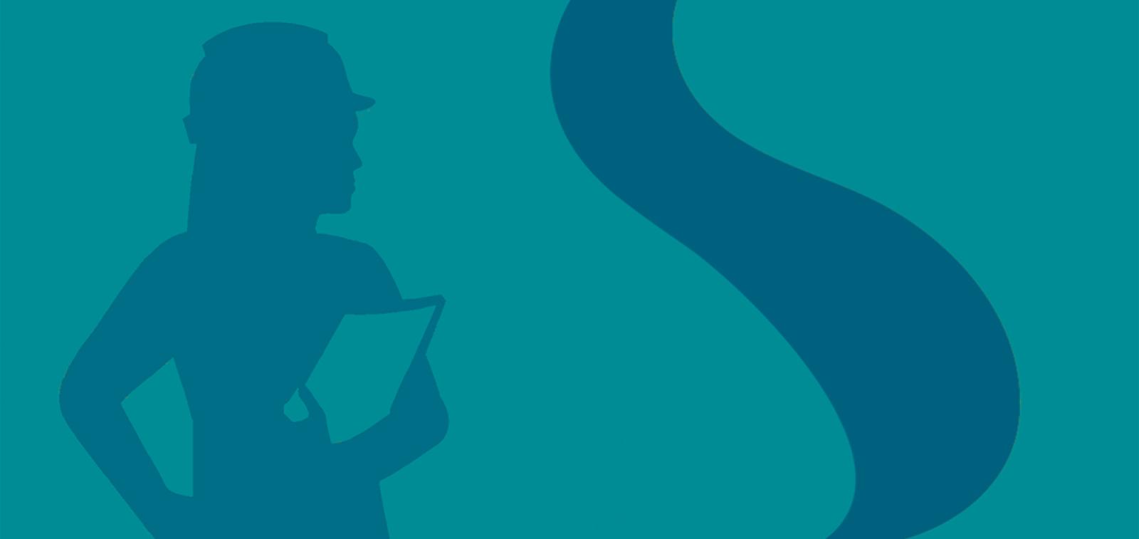 Silhouette of a woman wearing a hard hat carrying a clipboard