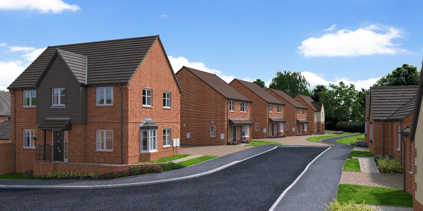 A computer-generated image of the street scene at the The Orchards development in Drakes Broughton