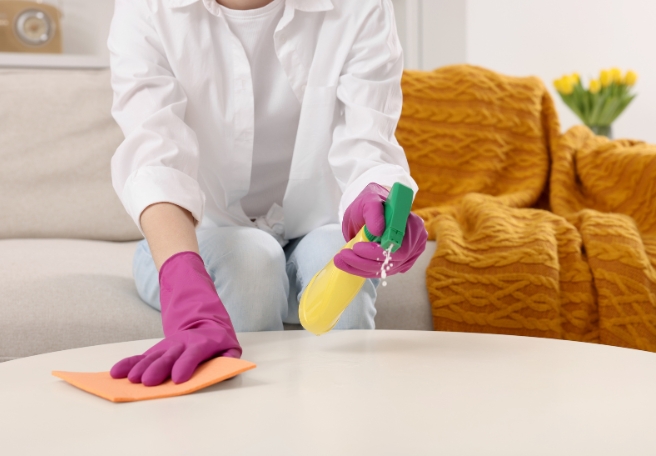 A person with yellow marigold gloves on holding cleaning spray and a sponge cleaning a wooden coffee table