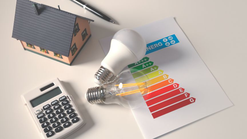 Centrally are two energy saving light bulbs resting on top of the energy efficiency paperwork, with a miniature house, standard calculator and pen scattered around them on a desk.