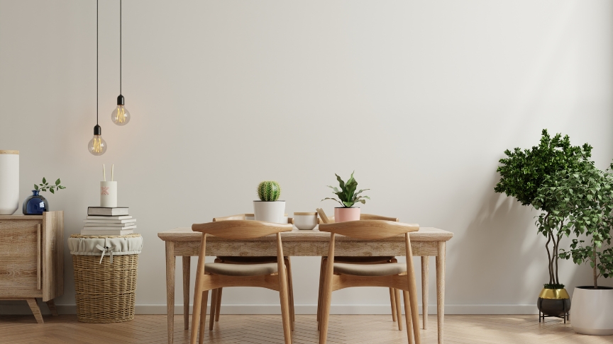 A minimal room with a dining table and green indoor plants