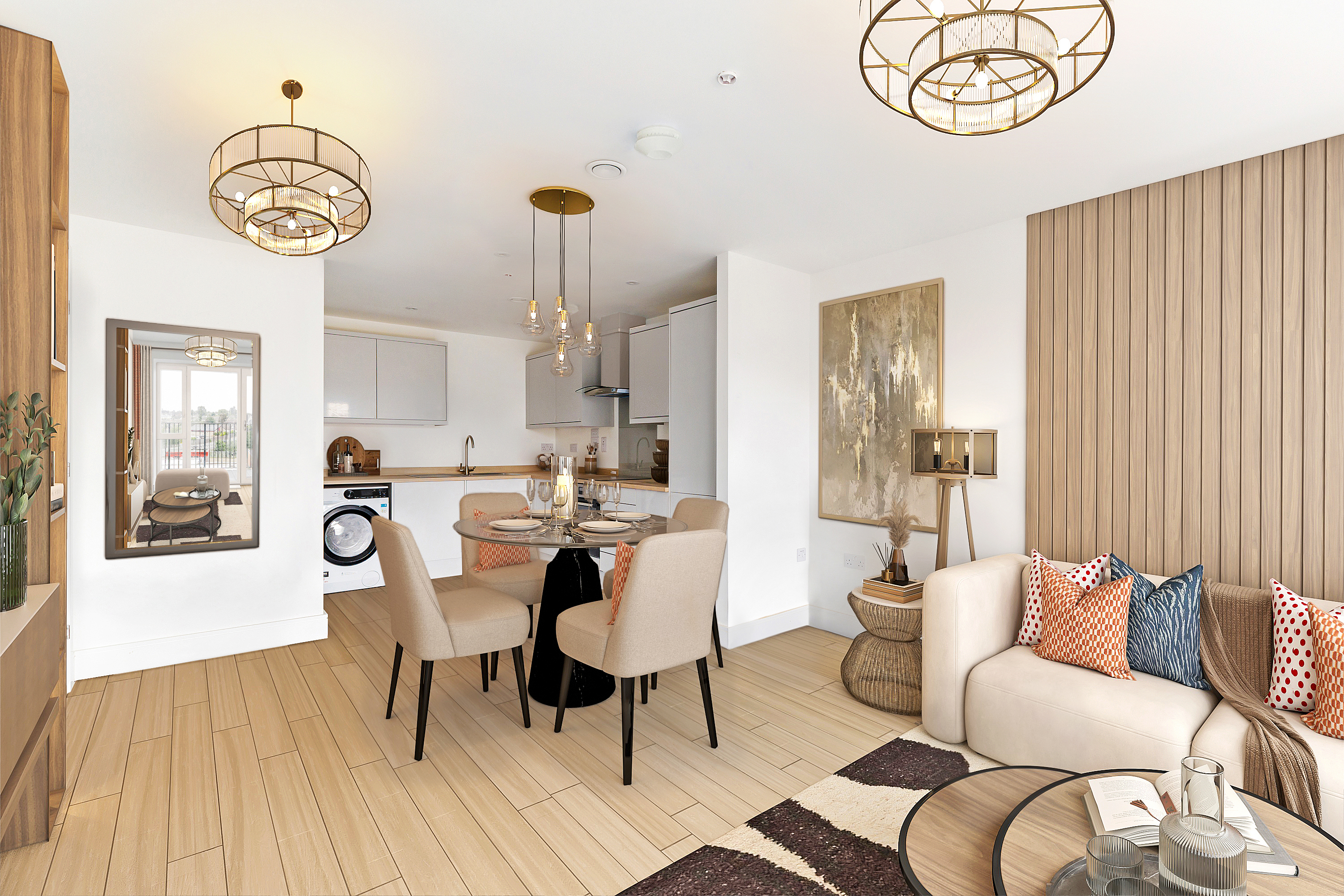 A cozy open-plan living room and kitchen, it is primarily beige and light wood coloured with white accents