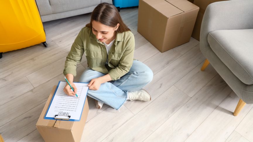 Woman sat on the floor and ticking off items from her moving day checklist while leaning on a closed box of possessions Woman sat on the floor and ticking off items from her moving day checklist while leaning on a closed box of possessions