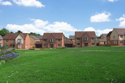 A computer-generated image of the street scene at The Orchards development in Drakes Broughton, Worcestershire