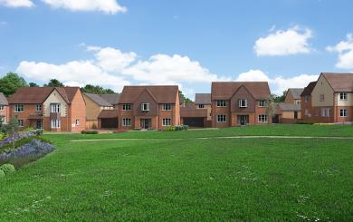 A computer-generated image of the street scene at The Orchards development in Drakes Broughton, Worcestershire