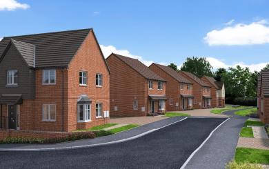 A computer-generated image of the street scene at the The Orchards development in Drakes Broughton