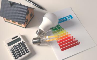 Centrally are two energy saving light bulbs resting on top of the energy efficiency paperwork, with a miniature house, standard calculator and pen scattered around them on a desk.