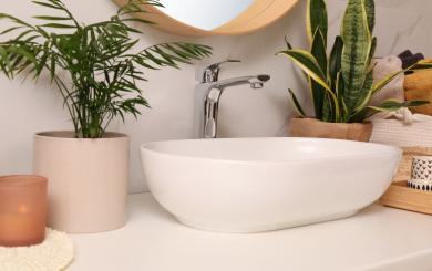 A white oval sink surrounded by potted plants in a bathroom
