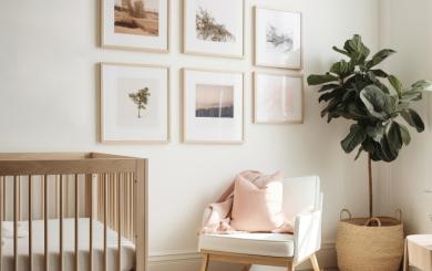 A neutrally decorated children's room with a cot and prints hanging on the wall