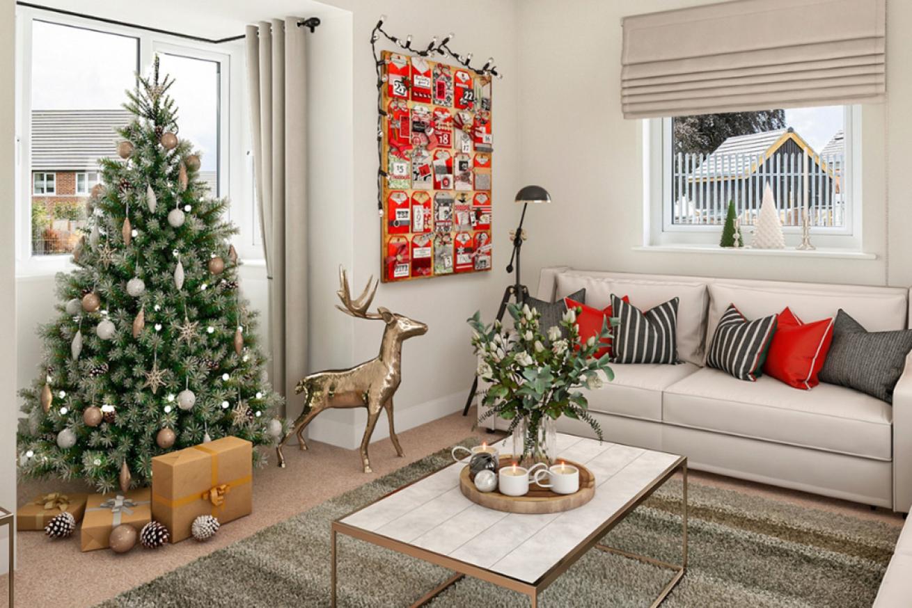 A traditional christmas tree and decorations in a spacious living area.