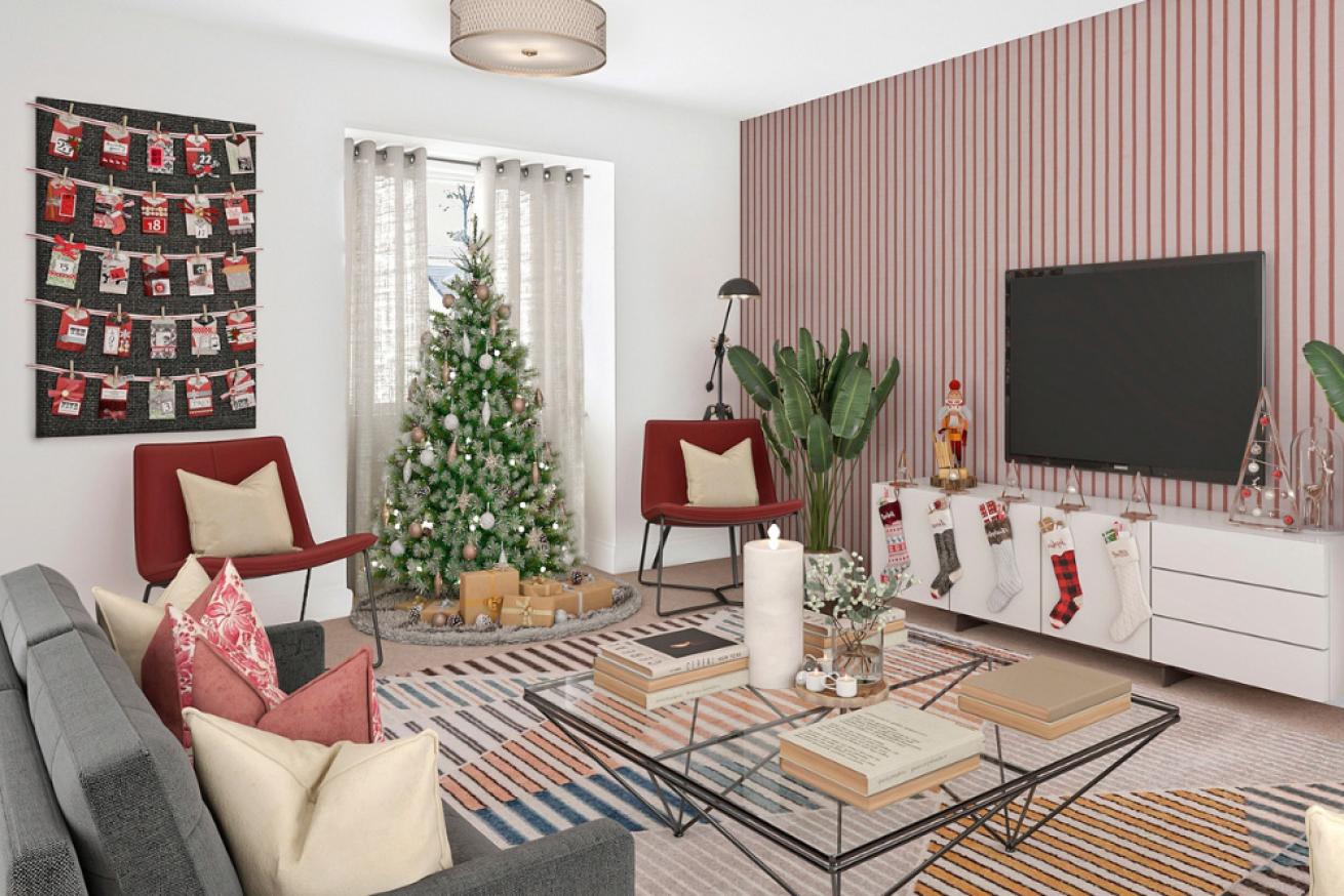 A living area decorated for Christmas