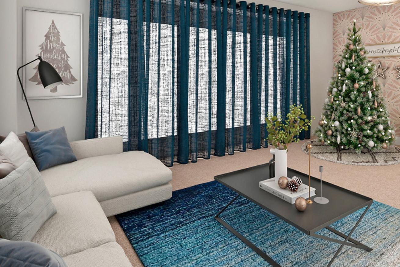A living room decorated for Christmas