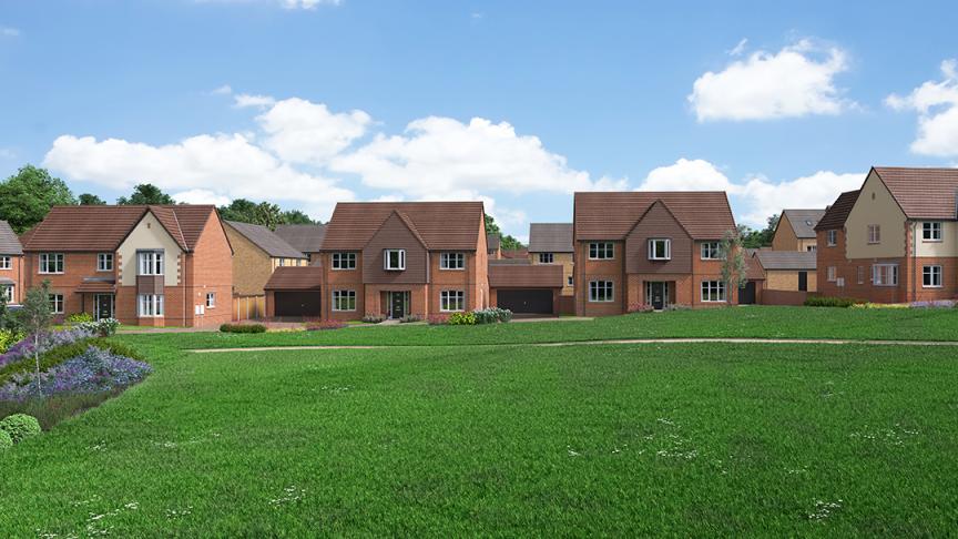 A computer-generated image of the street scene at The Orchards development in Drakes Broughton, Worcestershire