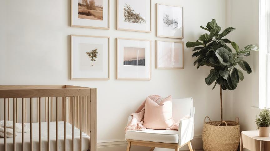 A neutrally decorated children's room with a cot and prints hanging on the wall