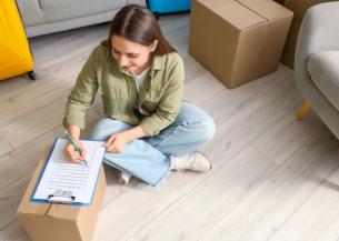 Woman sat on the floor and ticking off items from her moving day checklist while leaning on a closed box of possessions